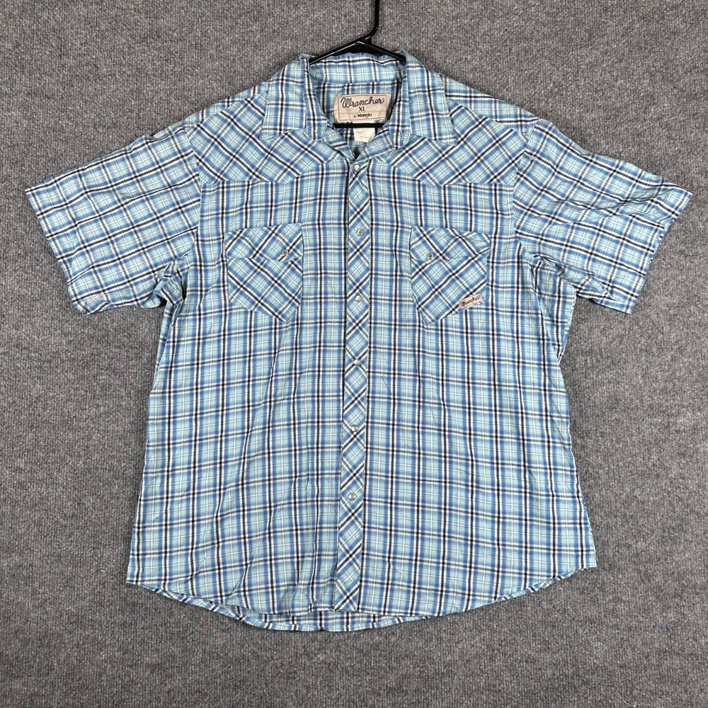Wrangler Shirt Mens XL Blue Plaid Wrancher Western Pearl Snap Short Sleeve